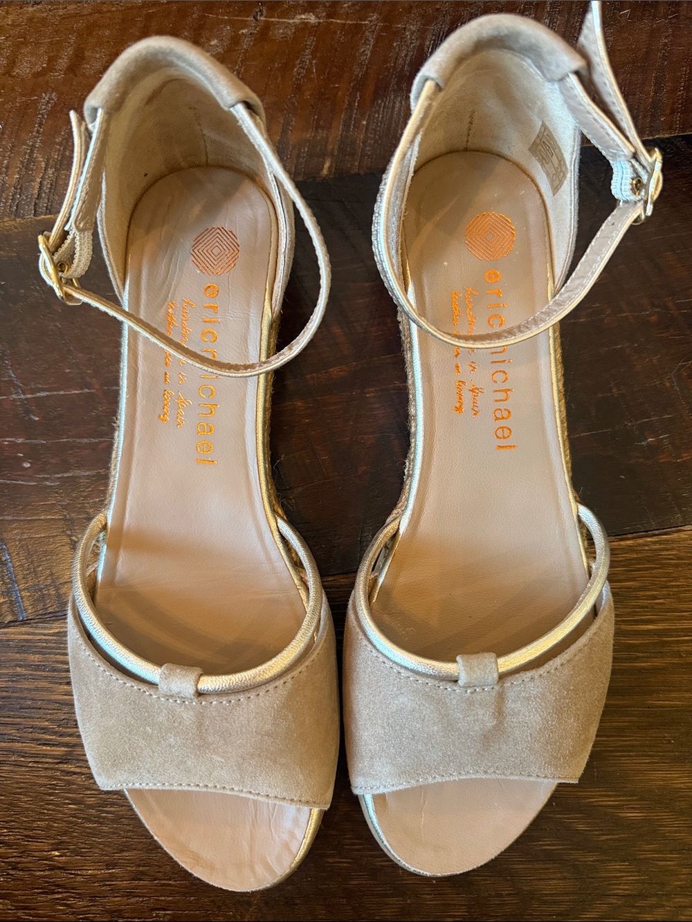 Eric Michael Tan Suede Ankle-Strap Sandals with Gold Trim